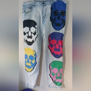Waimea Mens Colorful Skull Skinny Fit Jeans Size 40×32  A-43